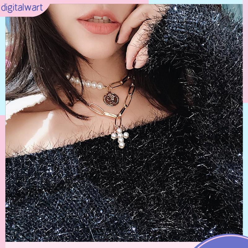 Vòng cổ Hai Lớp Mặt Hình Thánh Giá Đính Ngọc Trai Thời Trang