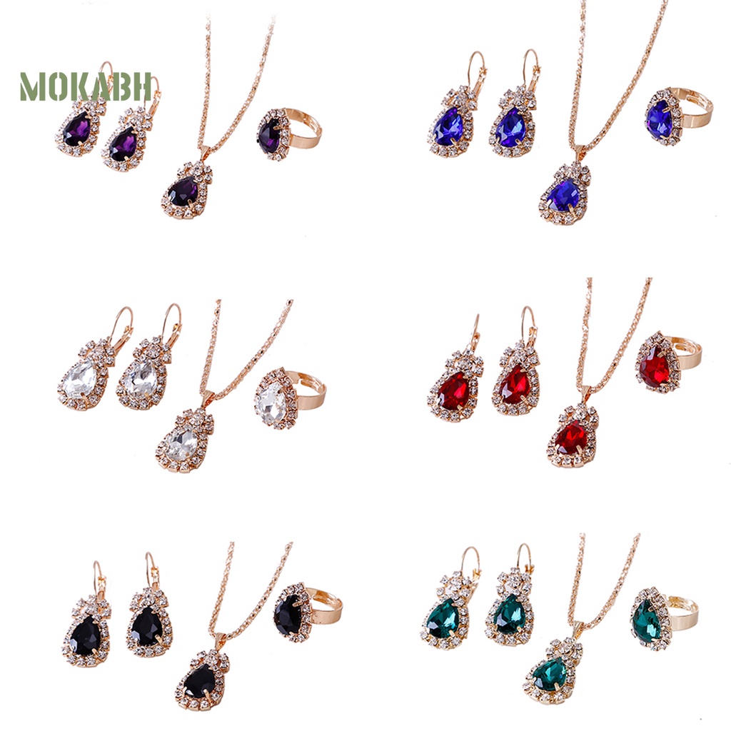 [Mok Abh] Set Vòng cổ + Nhẫn + Bông Tai Hình Giọt Nước Đính Đá Lấp Lánh Thời Trang Dự Tiệc Cho Nữ