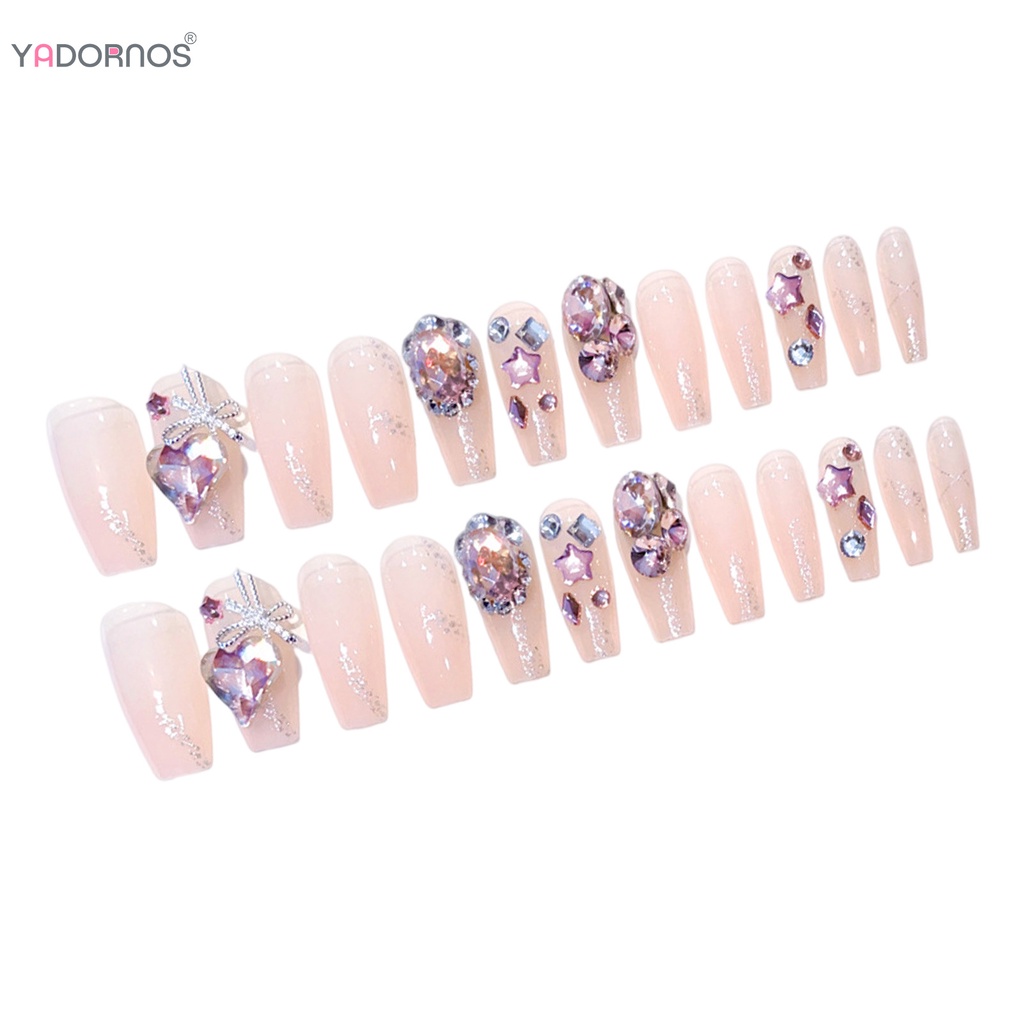 YADORNOS Móng Tay Giả Siêu Dẻo Đính Đá Trái Tim Màu Hồng Xinh Xắn
