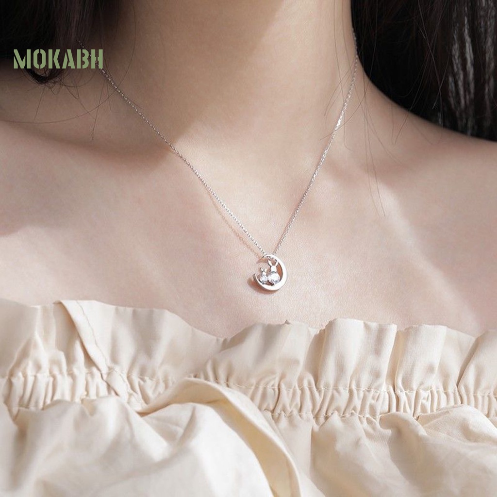 Bộ Vòng cổ + Bông Tai Đính Đá Hình Thỏ &amp; Mặt Trăng Kiểu Hàn Quốc