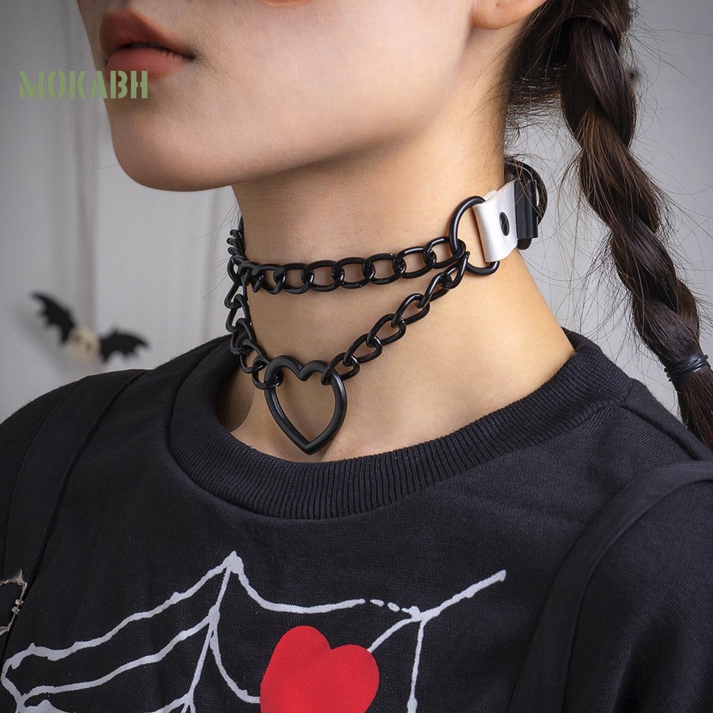 Vòng Cổ Choker Bằng Da Nhân Tạo Hai Lớp Hình Trái Tim Phong Cách Gothic Punk