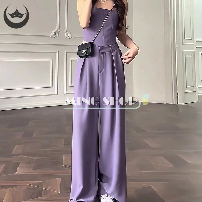 Set Áo Sát Nách Màu Tím + Quần Dài Ống Rộng Lưng Thun Phong Cách Hàn Quốc Cho Nữ