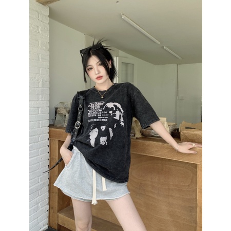 Áo Thun Cotton Ngắn Tay Dáng Rộng In Họa Tiết Kiểu Retro Hàn Quốc