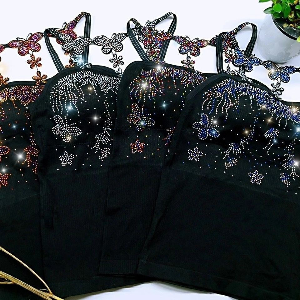 Áo Kiểu Mới Kim Cương Sáng Lấp Lánh Hình Bướm Thời Trang Quyến Rũ Xương Quai Xanh Lam Ôm Bụng