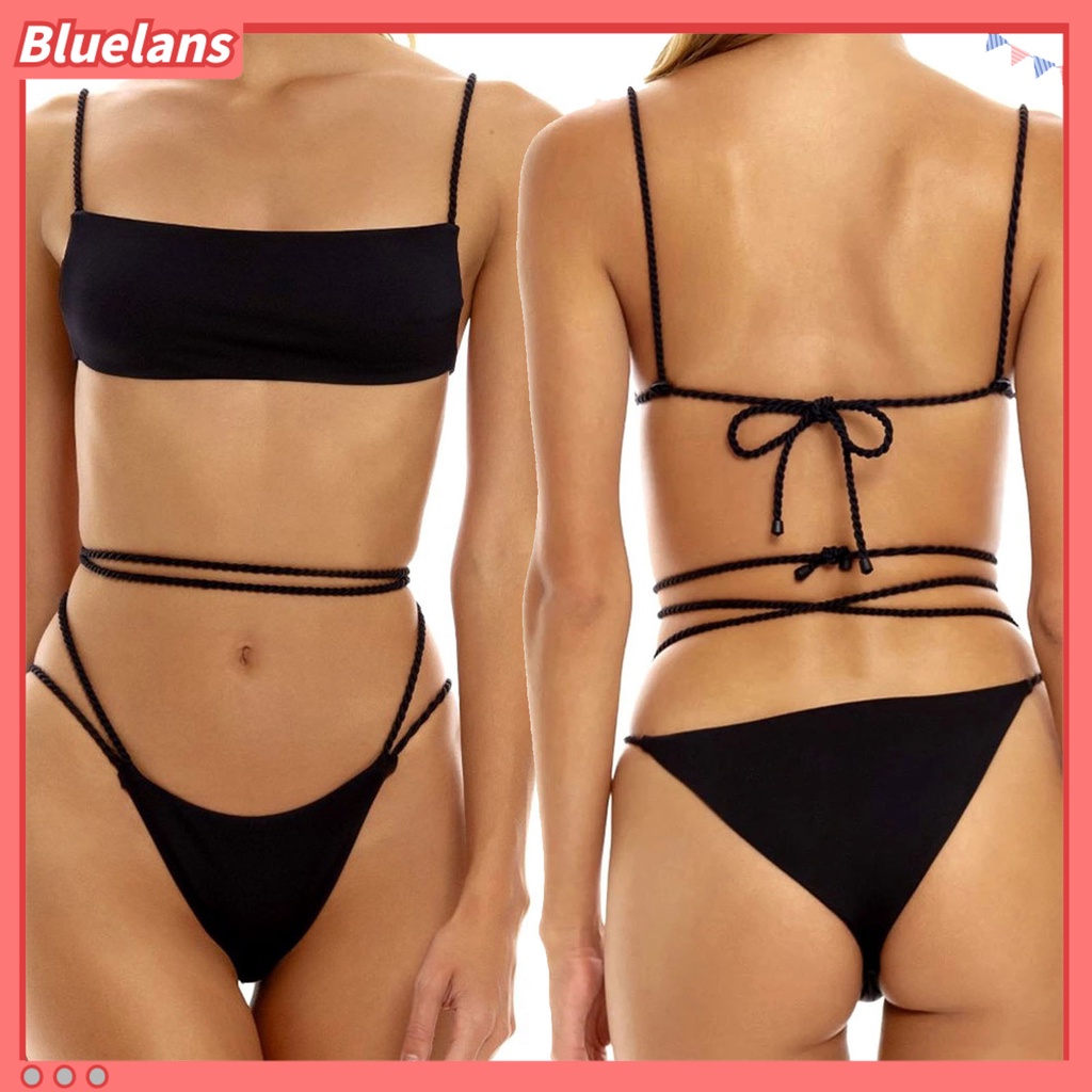 Bộ Đồ Bơi Bikini Hai Mảnh Màu Trơn Cột Dây Thời Trang Mùa Hè Cho Nữ