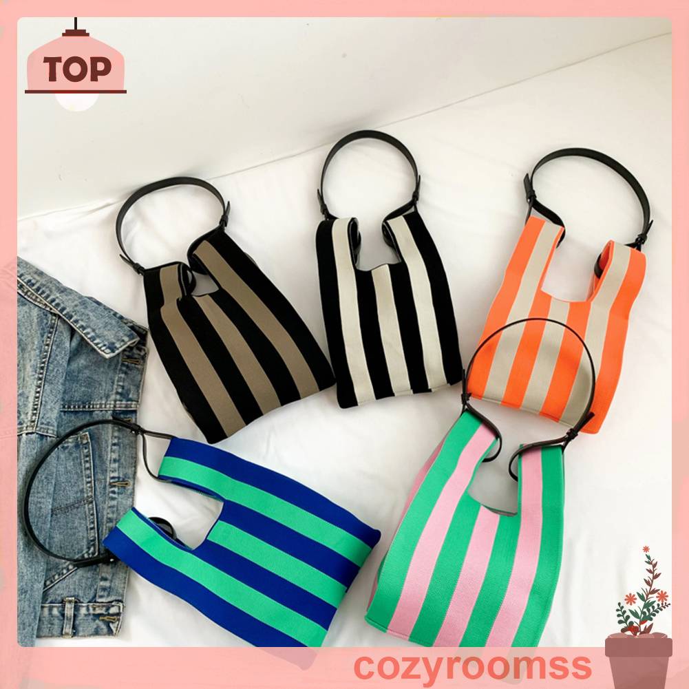 Túi Tote Đan Len Họa Tiết Sọc Tương Phản Thời Trang Cho Nữ