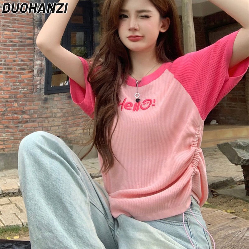 DUOHANZI Áo Thun Tay Ngắn Cổ Tròn Phối Dây Rút In Họa Tiết Màu Sắc Tương Phản Phong Cách Nhật Bản Thời Trang Cho Nữ