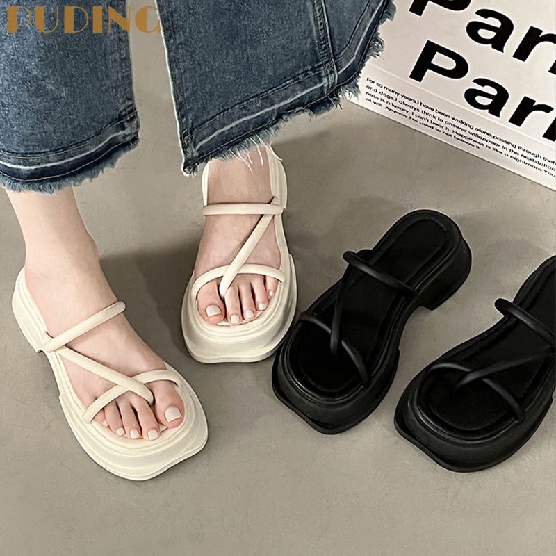 (5.5cm) Dép Sandal Đế Dày Màu Đen Thời Trang Cao Cấp Cho Nữ