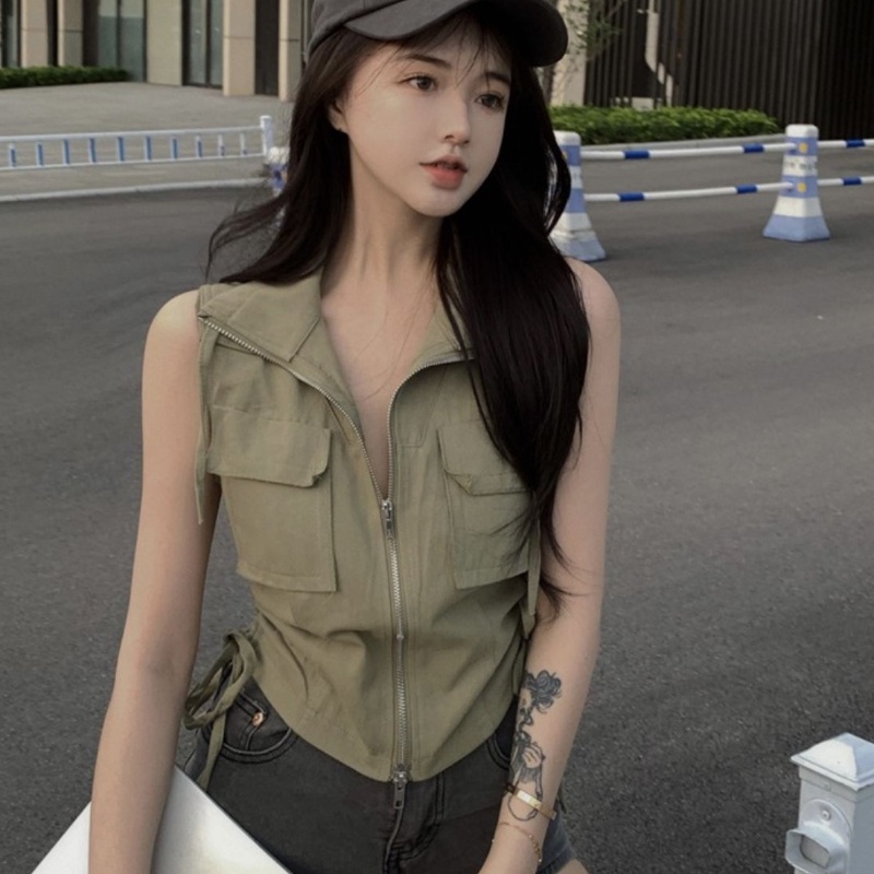 Áo sơ mi crop không tay màu trơn áo voan cổ polo áo sơ mi túi có khóa kéo áo khoác giản dị phong cách đường phố cá tính