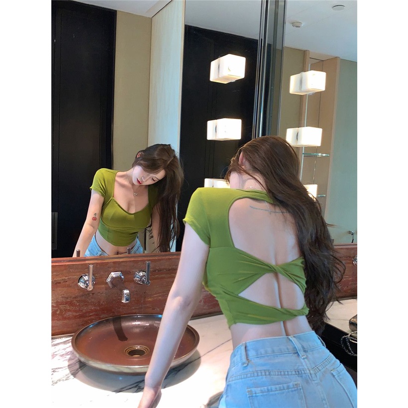 Áo Thun Cotton Mỏng Tay Ngắn Dáng Ôm Hở Lưng Thời Trang Mùa Hè Cho Nữ