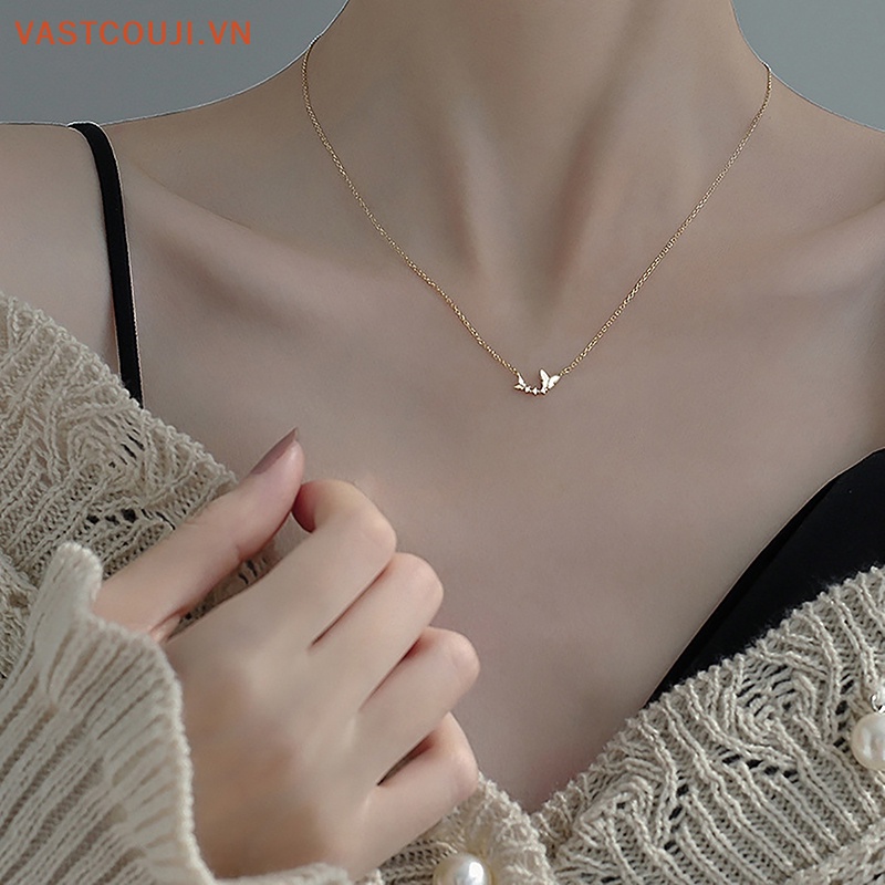 Vòng cổ Mặt Hình Bướm Đính Đá Zircon Màu Vàng / Bạc Phong Cách Hàn Quốc Đơn Giản Thời Trang Cho Nữ