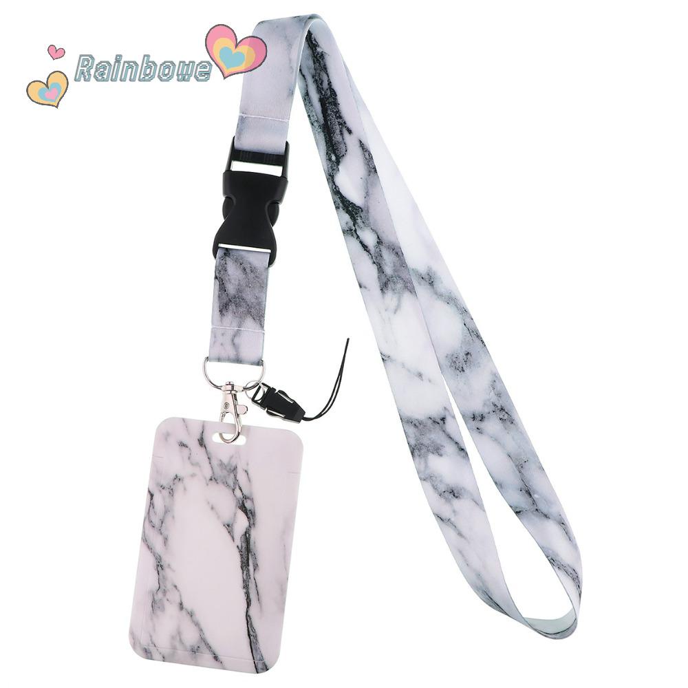 RAINBOW Giá Đỡ Huy Hiệu ID / Dacron Màu Trắng Vân Đá Cẩm Thạch Có Dây Đeo Cổ Kèm Móc Khóa