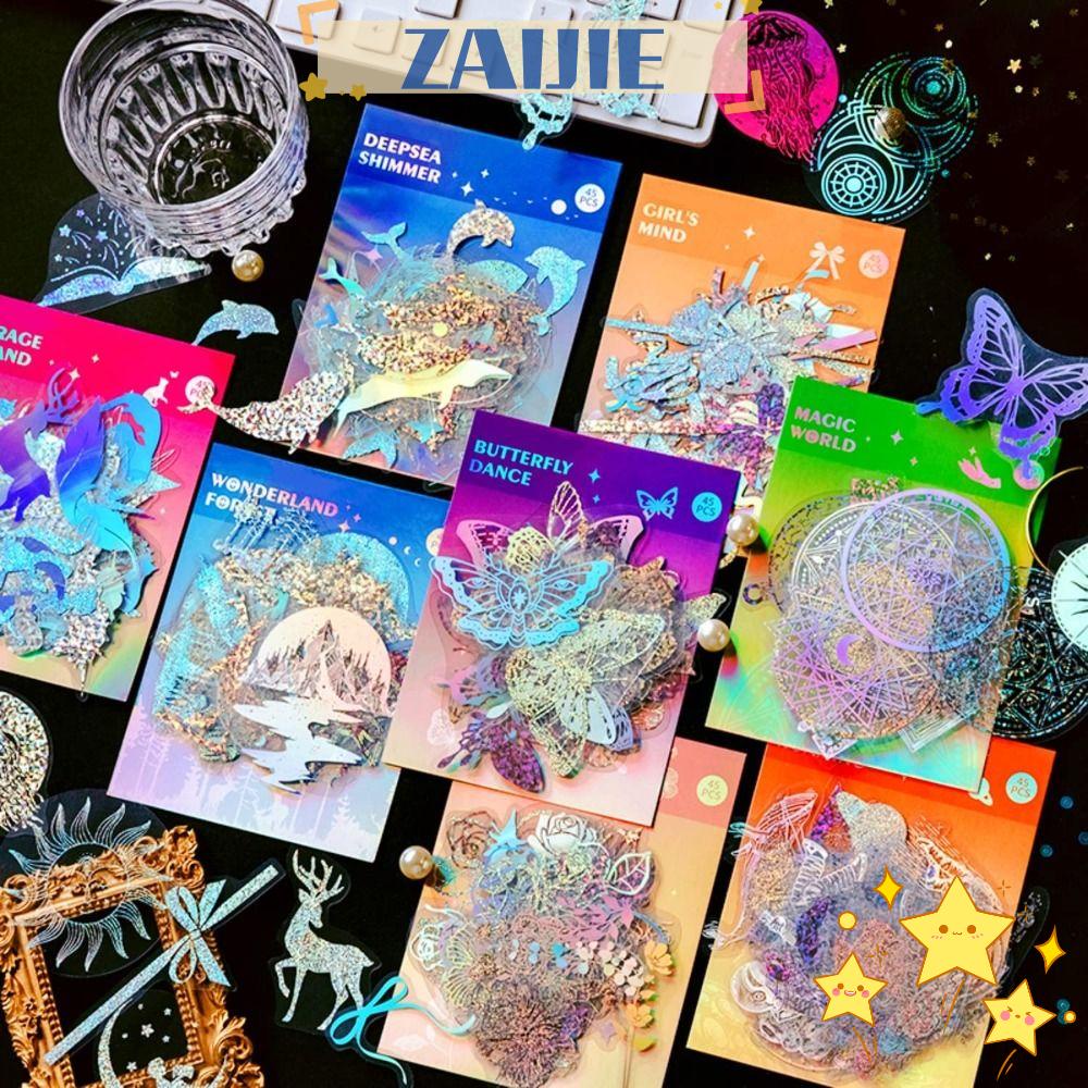 ZAIJIE24 Sticker PET Ba Chiều Màu Bạc Dán Trang Trí Sổ Tay