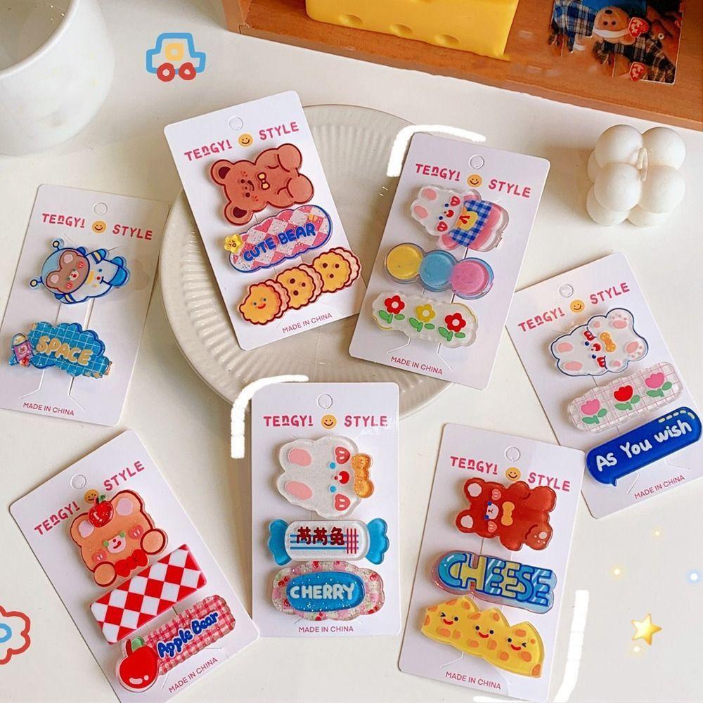 ANEMONE Bộ 3 Kẹp Tóc Bằng Hợp Kim Acrylic Hình Gấu / Thỏ Dễ Thương Cho Bé Gái