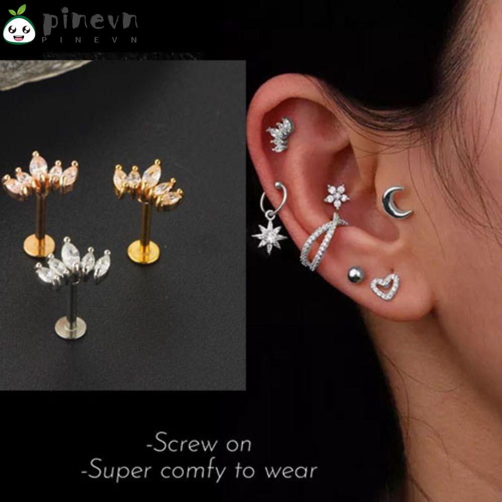 PINEVN Bộ Khuyên Xỏ Tai / Mũi / Môi Bằng Thép Phẫu Thuật Đính Đá Kim Cương Mới Cho Nam Và Nữ