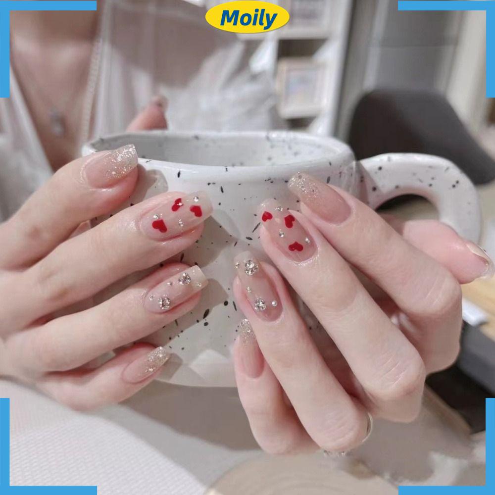 MOILYVN Bộ Móng Tay Giả Dạng Nhấn Che Phủ Toàn Diện Họa Tiết Trái Tim