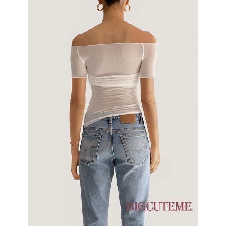 Áo Thun Ngắn Tay Trễ Vai Phối Lưới Thời Trang Mùa Hè Cho Nữ