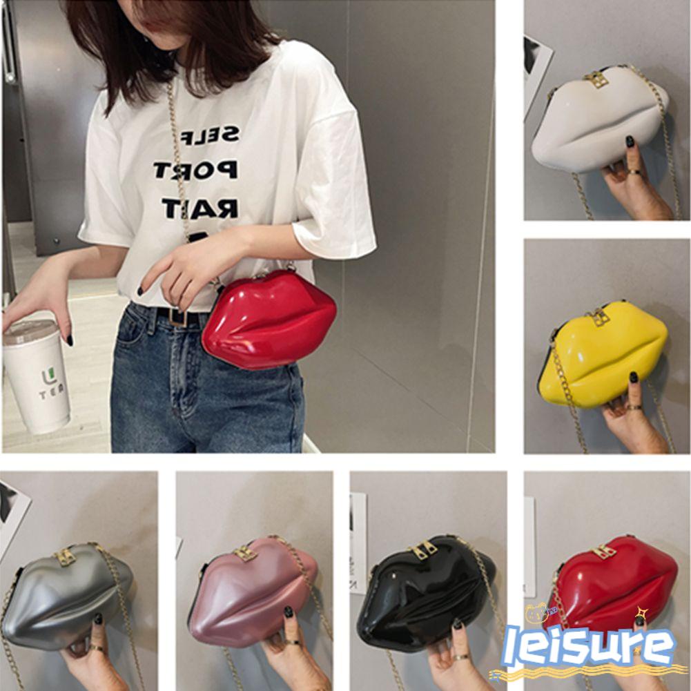 LEISURE Túi Đựng Điện Thoại Di Động Bằng PVC Hình Đôi Môi Phối Dây Xích Thời Trang Dự Tiệc