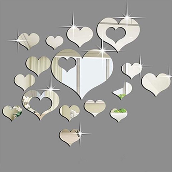 Set 16 Miếng Dán Tường Tráng Gương Hình Trái Tim 3D Sáng Tạo Trang Trí Nhà Cửa