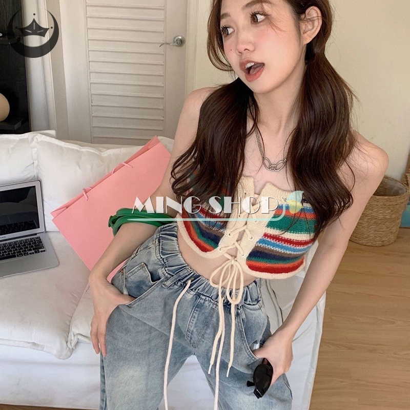 Áo Hai Dây Dệt Kim Kẻ Sọc Nhiều Màu Sắc Gợi Cảm Cho Nữ