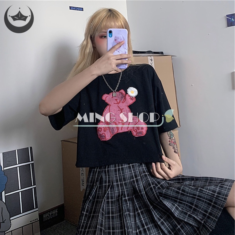 Áo Thun Crop Top Tay Ngắn Cổ Tròn In Hình Gấu Thời Trang Mùa Hè Dành Cho Nữ