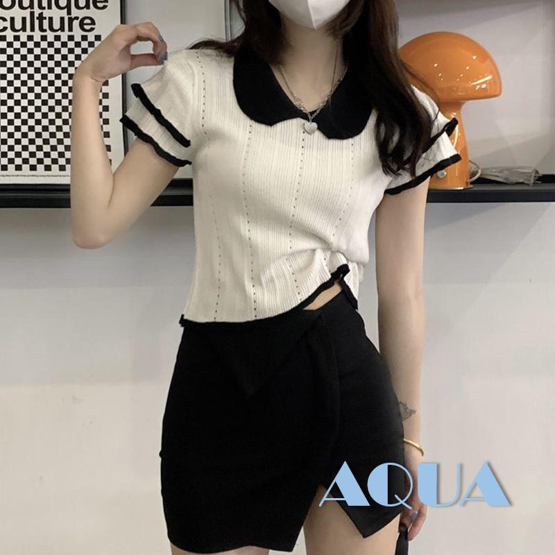 Áo Dệt Kim Tay Ngắn Cổ Búp Bê Màu Sắc Tương Phản Thời Trang Cho Nữ