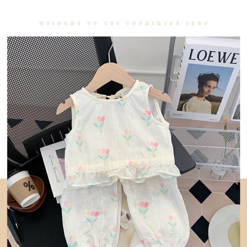 Bộ Áo Sát Nách + Quần Dài Cột Dây Phong Cách Phương Tây Thời Trang Mùa Hè 2023 Mới Cho Bé Gái