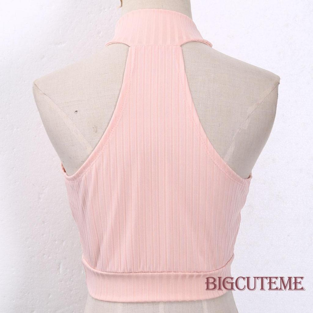 Áo Croptop Dệt Kim Cổ Lọ Không Tay Hở Lưng Màu Sắc Đơn Giản Cho Nữ