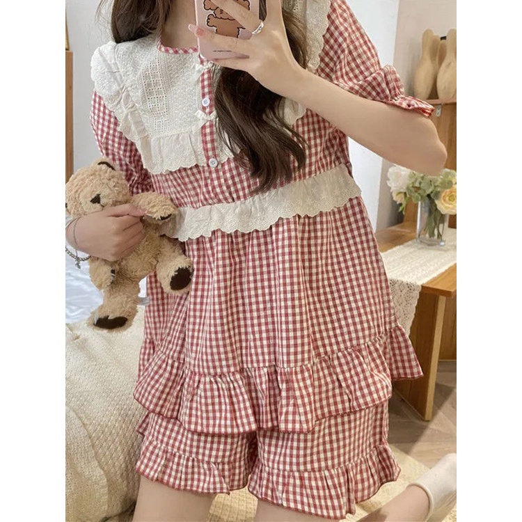 Bộ Đồ Ngủ Tay Ngắn Phối Ren Họa Tiết Caro Đỏ Ngọt Ngào Dễ Thương Thời Trang Mùa Hè Cho Nữ