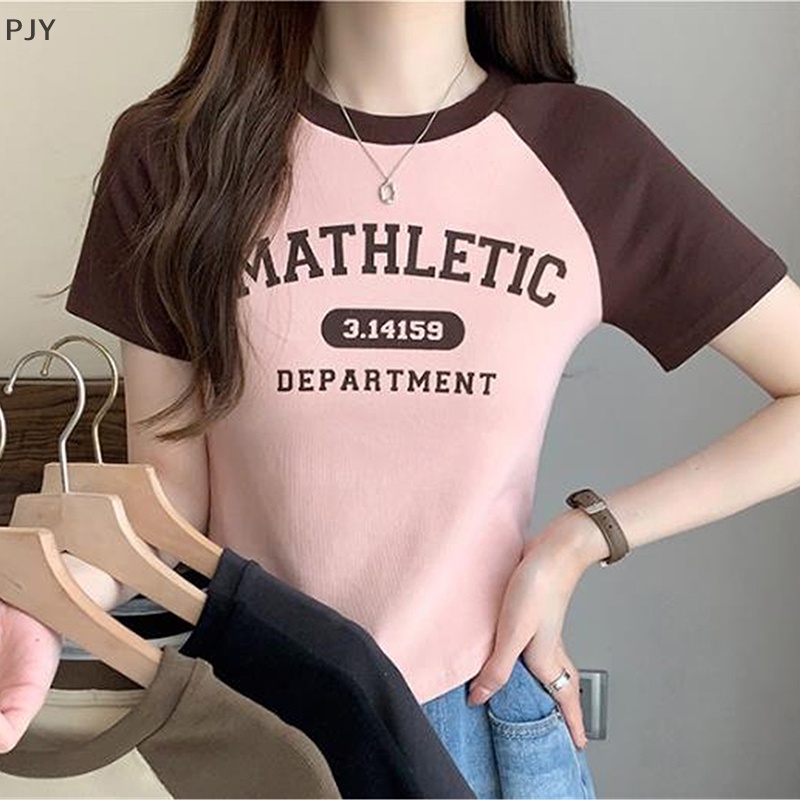 Áo Thun Tay Ngắn Cổ Tròn In Chữ Màu Sắc Tương Phản Thời Trang Mùa Hè Cho Nữ PJ