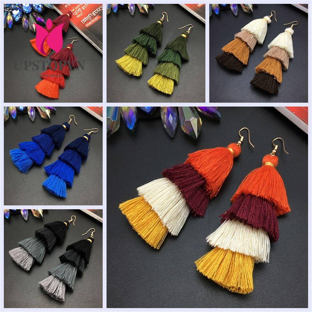 UPSTOPVN 1 Đôi Bông Tai Tua Rua Dài Vải Lụa Màu Gradient Phong Cách Boho Thời Trang