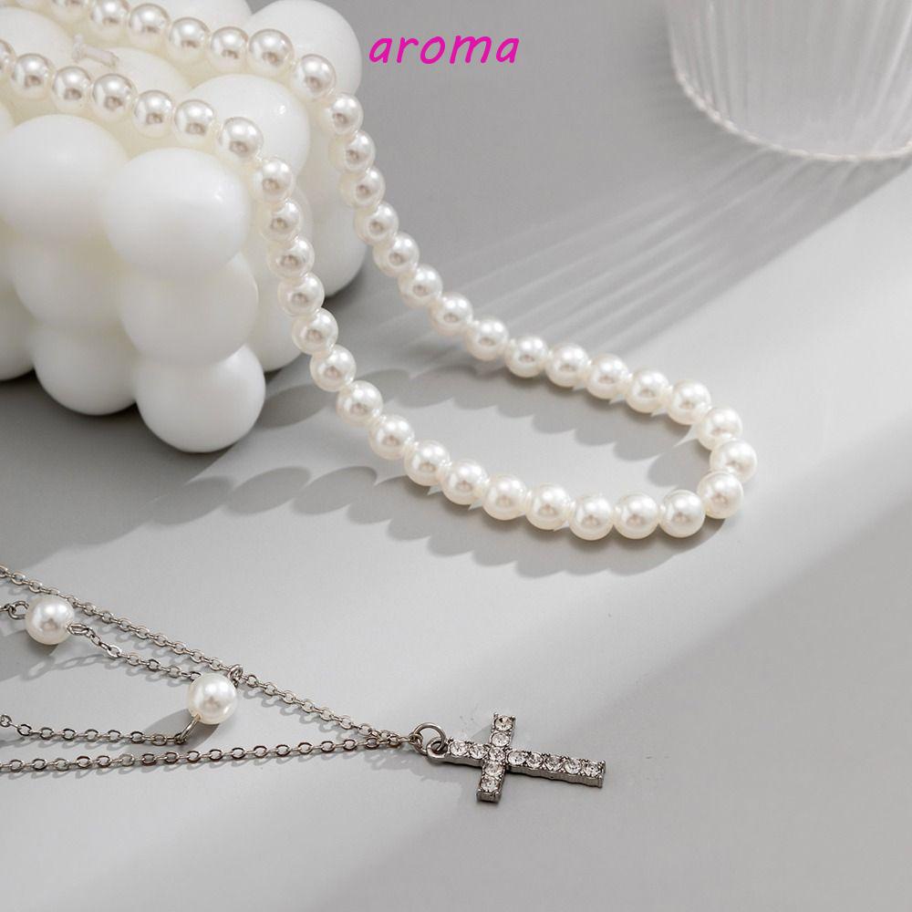 AROMA Vòng cổ Ba Lớp Mặt Thánh Giá Phong Cách Hàn Quốc Độc Đáo