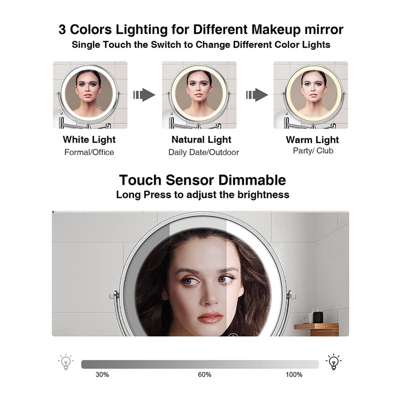 Gương Trang Điểm Hai Mặt Cảm Ứng 8In 1X / 10X Gắn Tường Có Đèn LED 3 Màu Tùy Chọn° Dây Đeo Có Thể Xoay Được Cho Bé