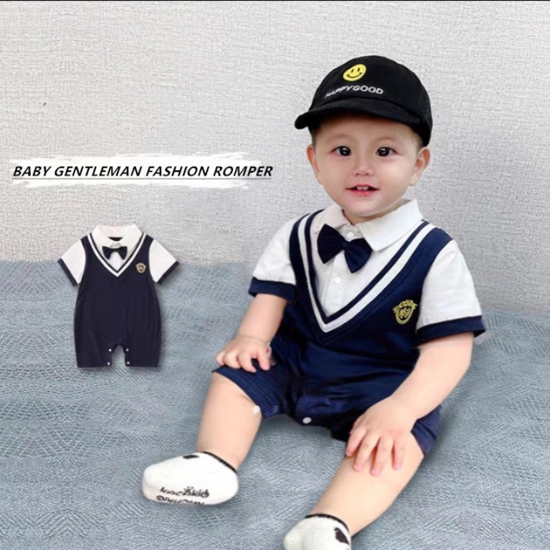 Bộ Áo Liền Quần Bằng Cotton Tay Ngắn Có Cổ Thời Trang Mùa Hè Phong Cách Hàn Quốc Cho Bé Trai 0-2 Tuổi