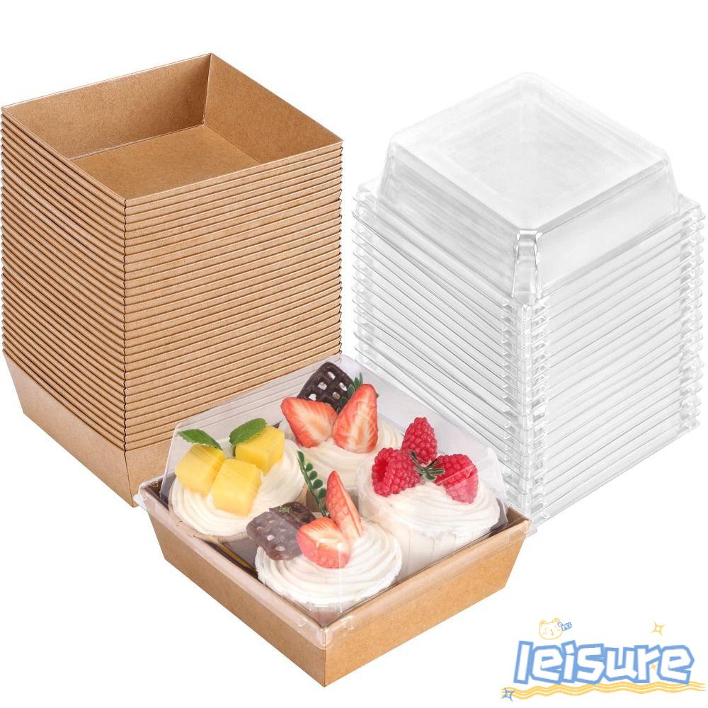LEISURE Set 25 Hộp Đựng Bánh Hình Vuông Sức Chứa Lớn Bằng Giấy Màu Nâu Hiện Đại Kèm Nắp Nhựa