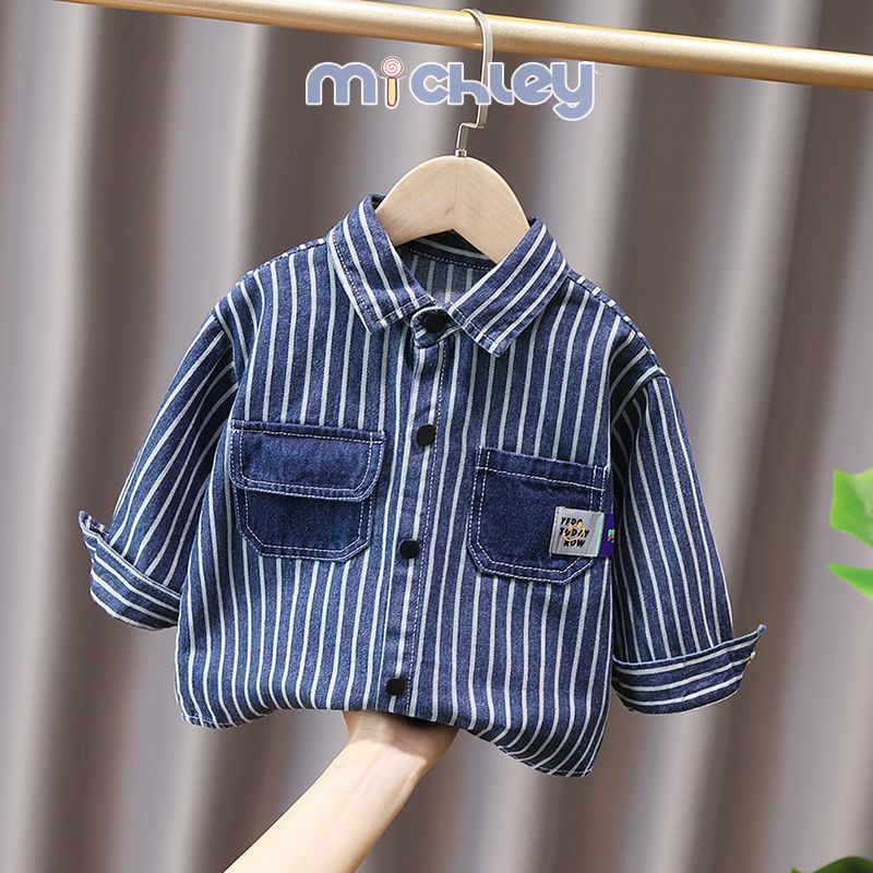 Michley Áo Khoác denim Phối Túi Họa Tiết Kẻ Sọc Thời Trang Xuân Thu Cho Bé