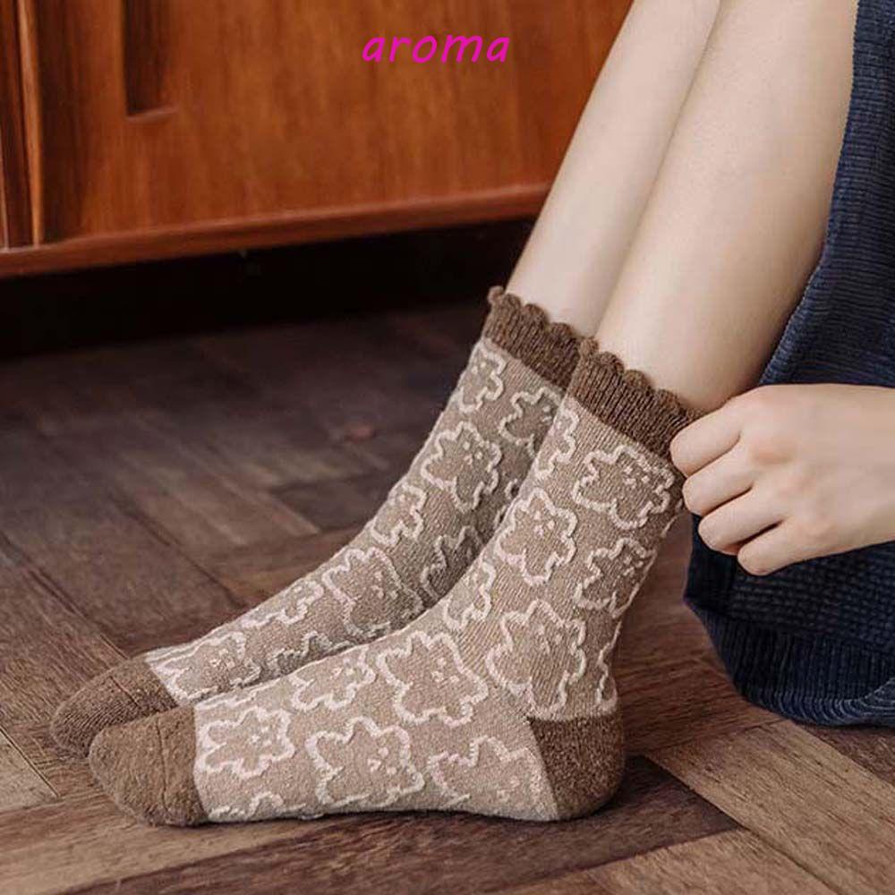 AROMA Vớ Len Lông Cừu Dày Dặn Giữ Ấm Mùa Đông In Họa Tiết Gấu Cà Phê Phong Cách Hàn Quốc Thời