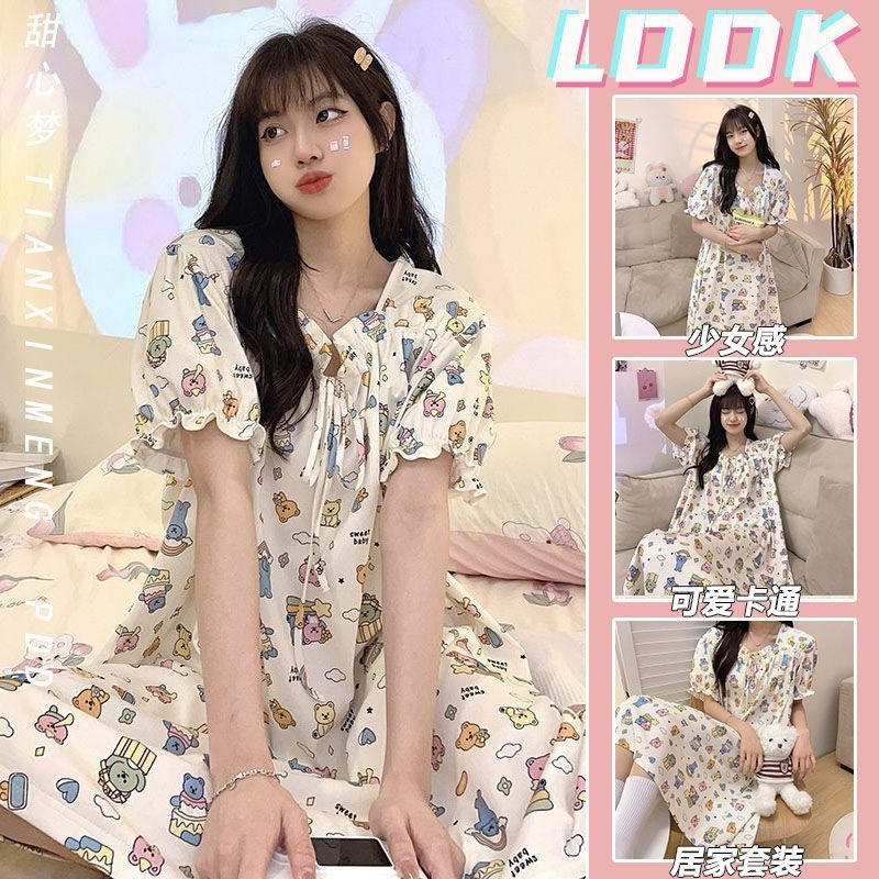 Đồ ngủ Mùa Hè Dài Qua Gối In Họa Tiết Hoạt Hình Dễ Thương Phong Cách Idle Ngọt Ngào Mới Cho Nữ