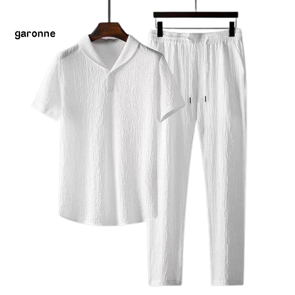 Bộ Trang Phục 2 Mảnh Gồm Áo Sơ Mi Tay Ngắn Cổ Bẻ + Quần Lưng Thun Dây Rút Thời Trang Cho Nam