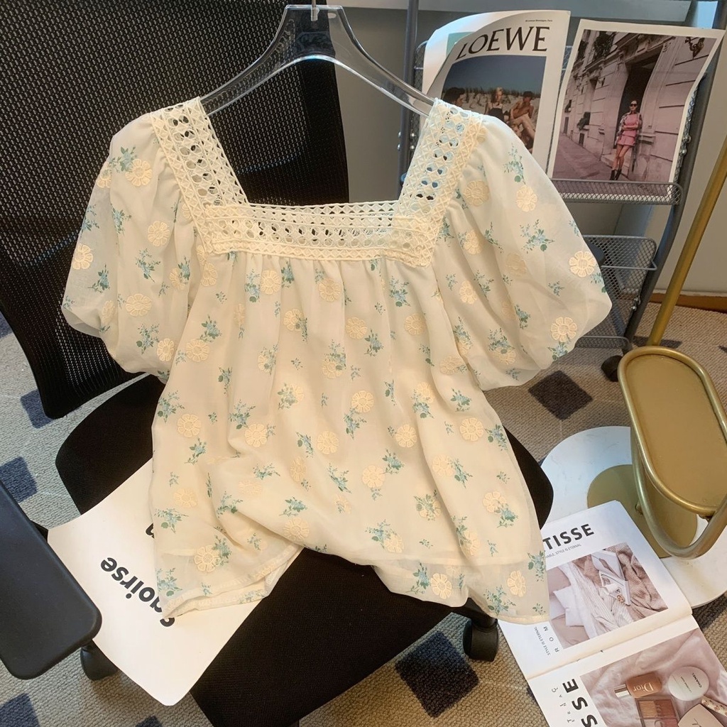 Áo Sơ Mi Chiffon Tay Ngắn Phồng Cổ Vuông In Hoa Phong Cách Phương Tây Thời Trang Mùa Hè Cho Nữ