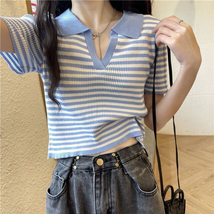 Áo Thun Polo Dệt Kim Mỏng Tay Ngắn Cổ V Kẻ Sọc Thời Trang Mùa Hè Cho Nữ