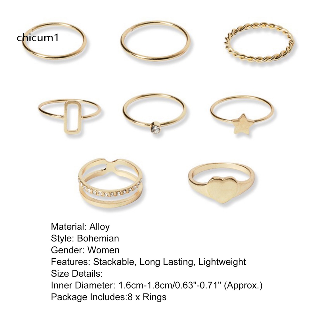 Set 8 Nhẫn Mạ Điện Đính Đá Hình Ngôi Sao Năm Cánh Thời Trang