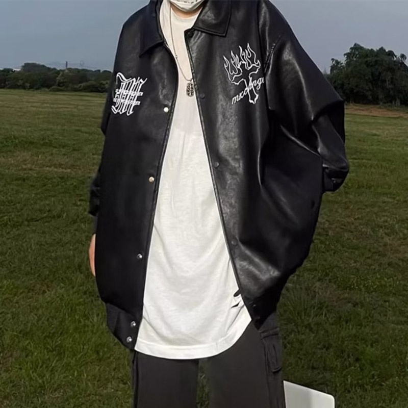 Áo Khoác Bóng Chày Bằng Da Dáng Rộng In Họa Tiết Phong Cách hip hop Đường Phố Mỹ Thời Trang Cho Nam