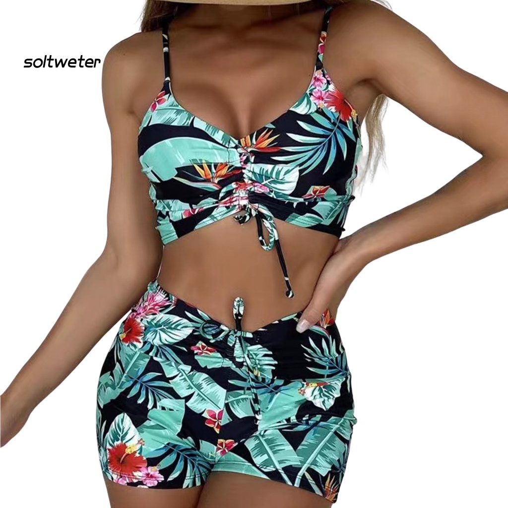 Bộ Bikini 2 Mảnh Cổ Chữ V Lưng Cao Co Giãn Thoáng Khí In Họa Tiết Hoa Kèm Dây Rút Thời Trang Quyến Rũ Cho Nữ