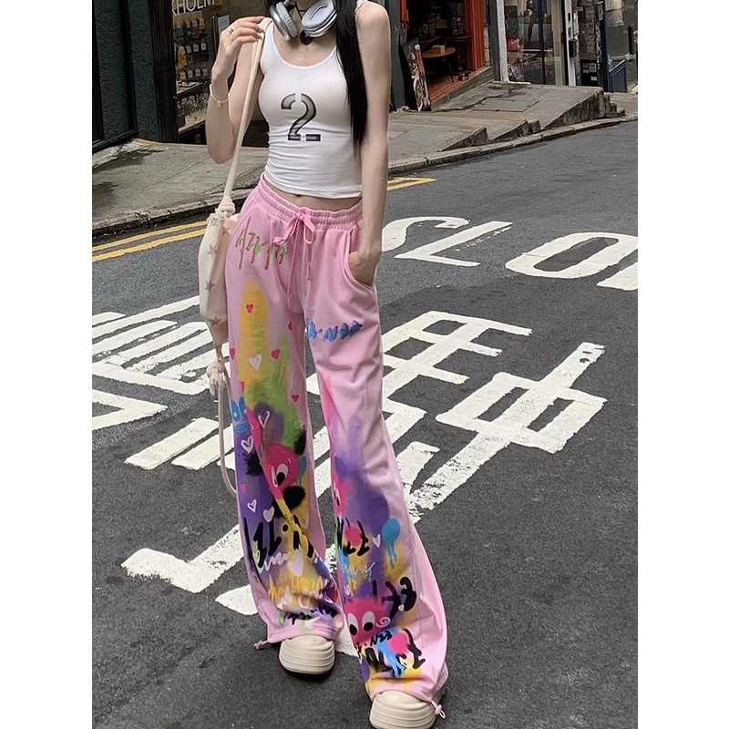Dopamine Quần Ống Rộng Lưng Cao Dây Rút Họa Tiết Graffiti Mặc Vào Mùa Hè Cho Nữ