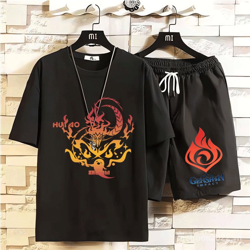 ★Genshin Impact★Hutao & Zhongli & Raiden Shogun Merchandise Set Áo Thun Ngắn Tay Và Quần Short Giản Dị Dành Cho Học Sinh