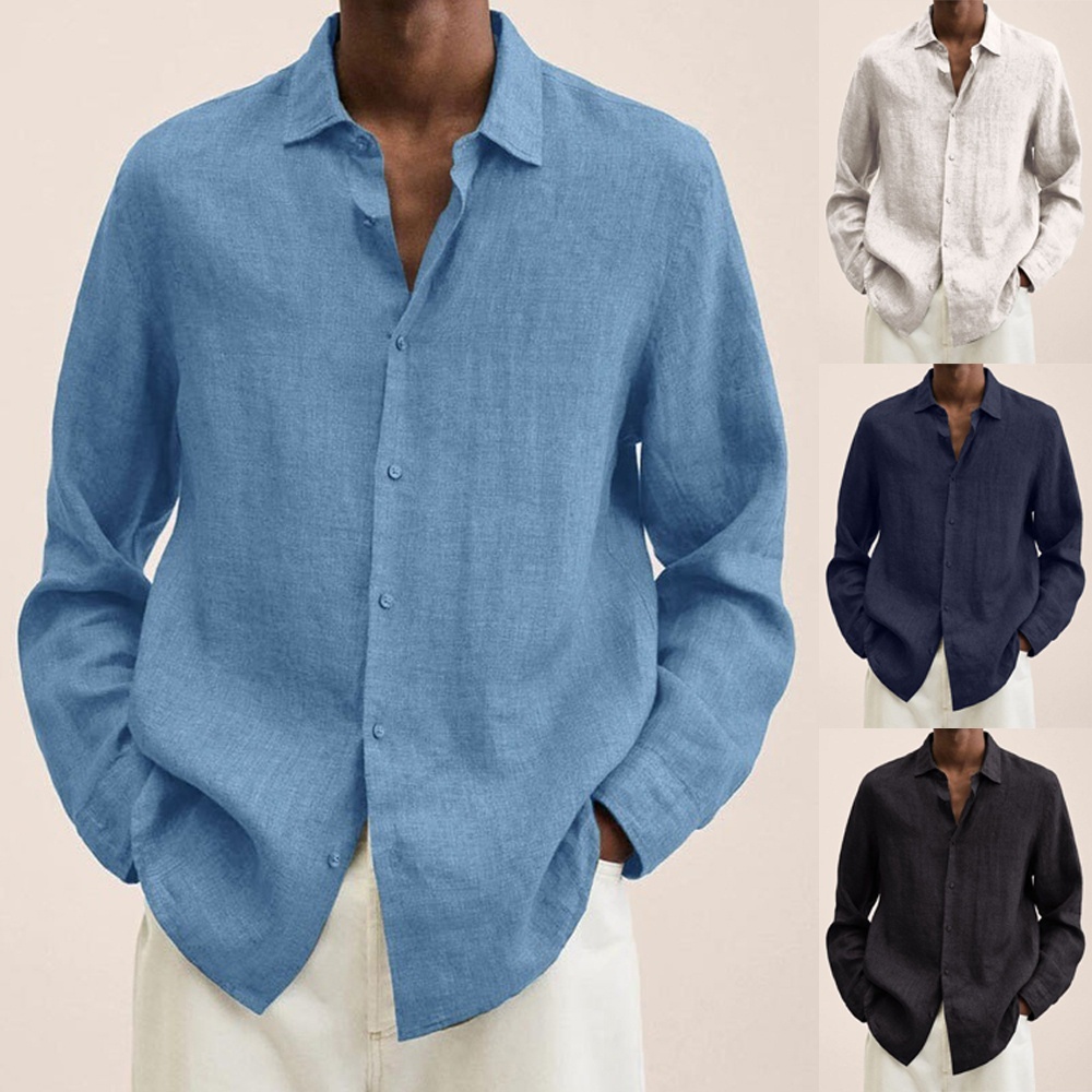 Áo Sơ Mi Cotton Lanh Dài Tay Dáng Rộng Màu Trơn Cài Nút Thời Trang Cho Nam