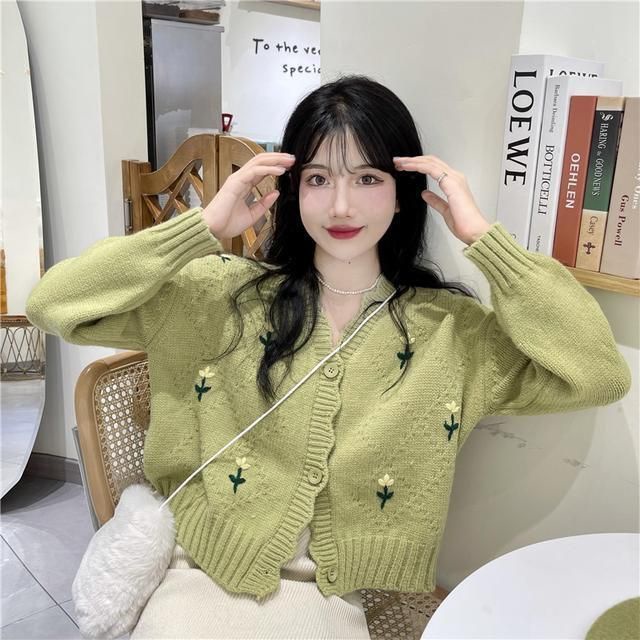 Áo Khoác Cardigan Dệt Kim Tay Dài Cổ Chữ V In Hoa Thời Trang Cho Nữ