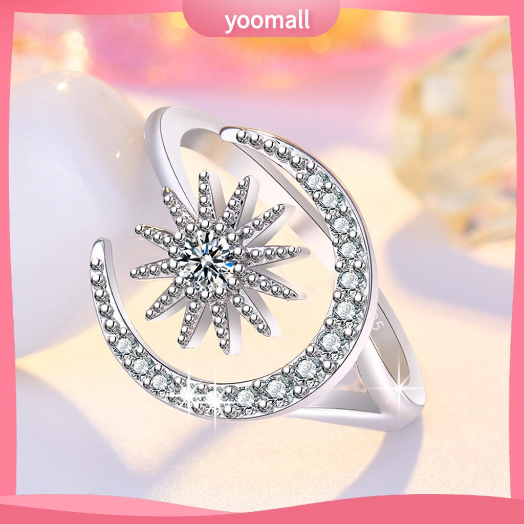 [YM] Nhẫn Mở Hình Học Đính Đá Mặt Trăng Ngôi Sao Thanh Lịch Làm Quà Tặng Trang Sức Cho Nữ