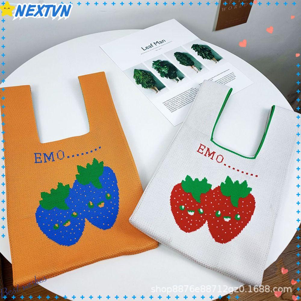 NEXTVN Túi Xách Đan Len Họa Tiết Dâu Tây Sức Chứa Lớn Thời Trang Cho Học Sinh